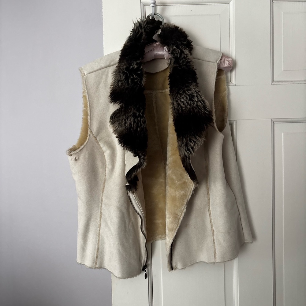 Twenty Cream Shearling Vest with Dark Brown Fur Collar